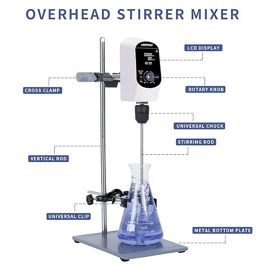 Electric Overhead Stirrer Mixer 100-2000RPM Timing Max.40L(H₂O) LCD Display Digital Overhead Stirrer Mixer 20000mPas Powerful Lab Stirrers Mixer with Stirring Rod&Stand