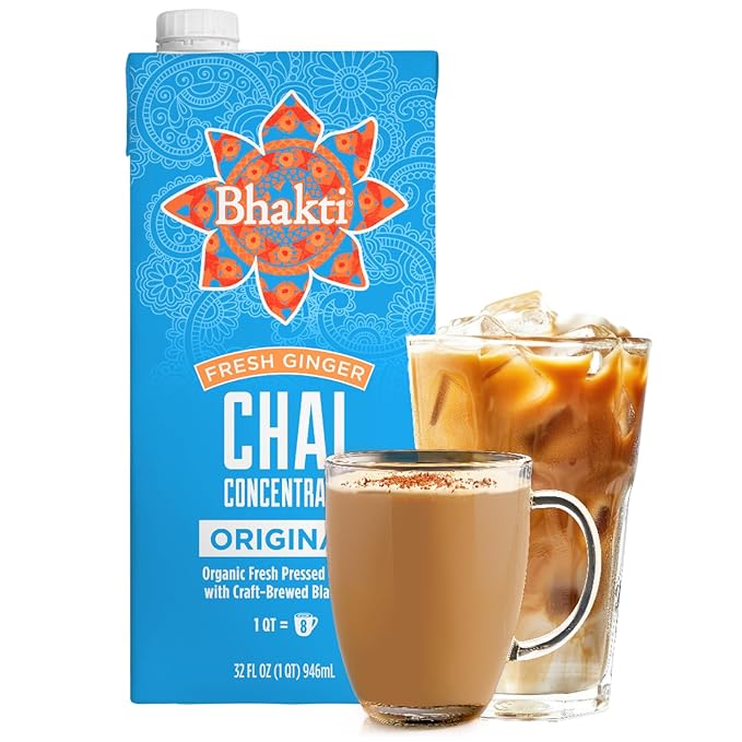 Bhakti Chai Tea Concentrate | Original, Organic Fresh Ginger, Black Tea, Sweetened, Spiced, Dairy-Free, Vegan, 32oz