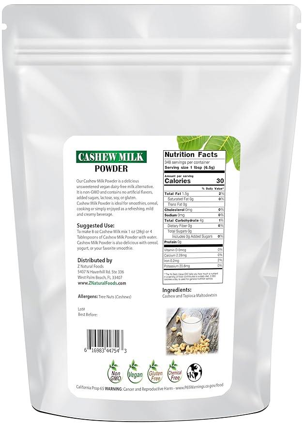 Z Natural Foods Unsweetened Cashew Milk Powder - Plant/Nut Milk For Healthy Heart, Bones, Skin - Substitute for Cashew Butter - Gluten-Free, Kosher, Non-GMO, Vegan, Dairy-Free, 5 lbs