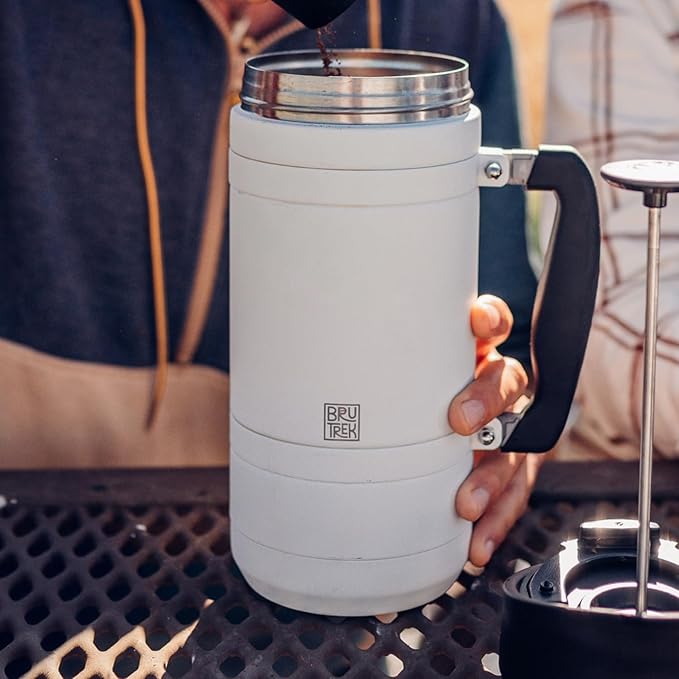 BruTrek Basecamp Coffee Press - Double Wall Vacuum Insulated Stainless Steel - Bru-Stop Technology, No Grounds in Coffee, No Spill Lid (Snowflake White, 48 fl.oz)