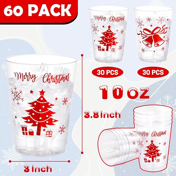 WELLIFE 60Pcs Red Christmas Plastic Cups, 10oz Merry christmas Cups, Red Plastic Tumblers with Christmas Tree and Bells Design, Disposable cups for Daily Use, Holiday Party Supplies