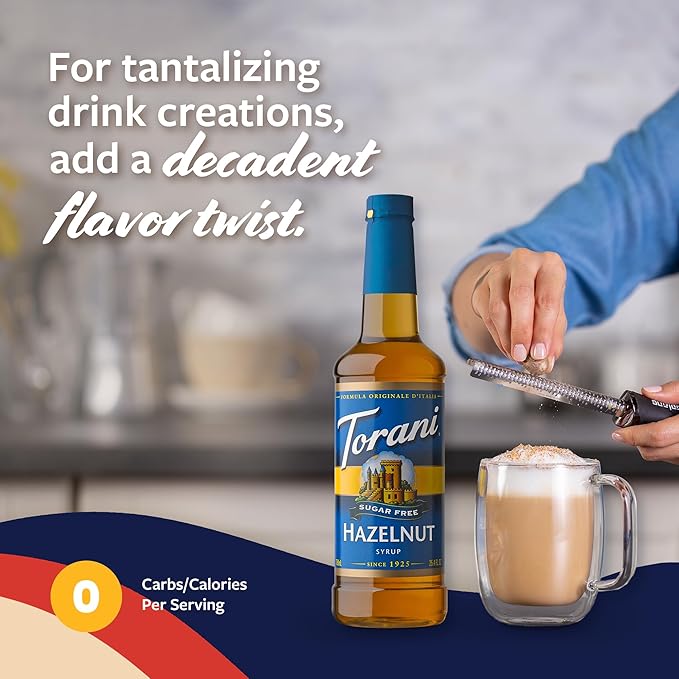 Torani Sugar Free Coffee Syrup, Hazelnut Syrup for Drinks, Zero Calorie, Pump Included, 25.4 Fl Oz