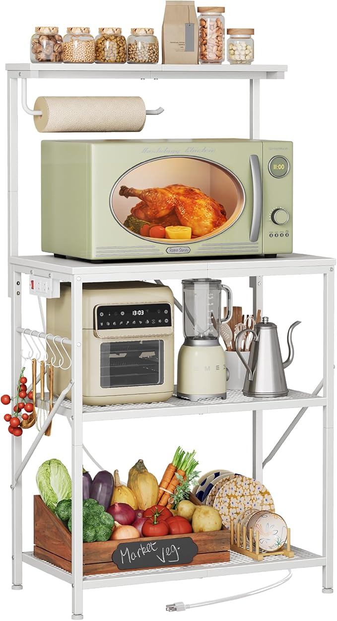 Huuger 4-Tier Bakers Rack with Reversible Power Outlet, 23.6 Inch Microwave Stand, Kitchen Coffee Bar, with Top Shelf, 6 S Hooks, White