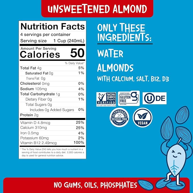 PLANTSTRONG Almond Milk Unsweetened 32oz (6 Pack) and Recipe Guide - NON-GMO - Plant Based, Vegan - Gluten Free Dairy Free - Shelf Stable - Lactose Free Milk - No Gums or Oils