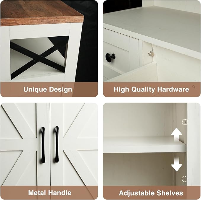 Farmhouse White Storage Cabinet with Doors and Drawers, Freestanding Kitchen Pantry Cabinet, Floor Storage Cabinet Hutch Cupboard for Kitchen/Laundry/Living Room/Bedroom