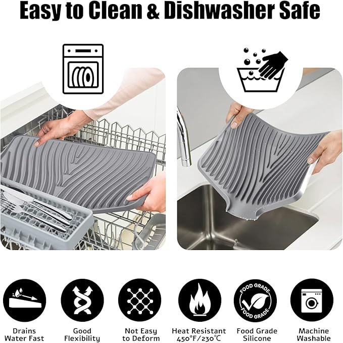 Silicone Dish Drying Mat, Stone Drying Mat for Kitchen Counter with Built-In Drain, Non-Slip Drain Pad with Built-in Drain, Heat Resistant Stone Drying Mat, 1Pcs 19.7" x 17", Grey