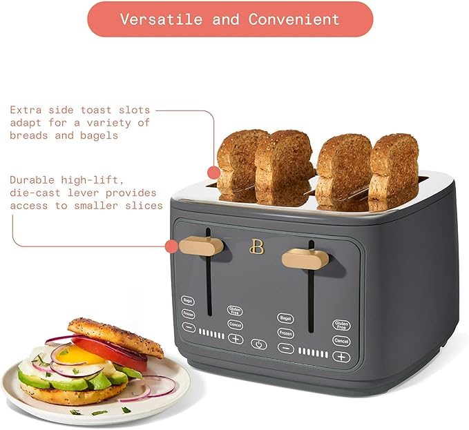Beautiful 4 Slices Toaster with Touch-Activated Digital Display, Extra Wide Self-Adjusting Slots, Adjustable Shade Control, by Drew Barrymore (Gray)