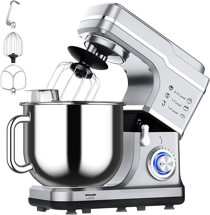 Garvee 7.5 QT Stand Food Mixer, 10-Speed Tilt Head 3 in-1 Kitchen Electric Mixer with Stainless Steel Bowl, Egg Whisk, Dough Hook, Beater, Splash Guard, Compact Dough Mixer for Home Cooks, Silver