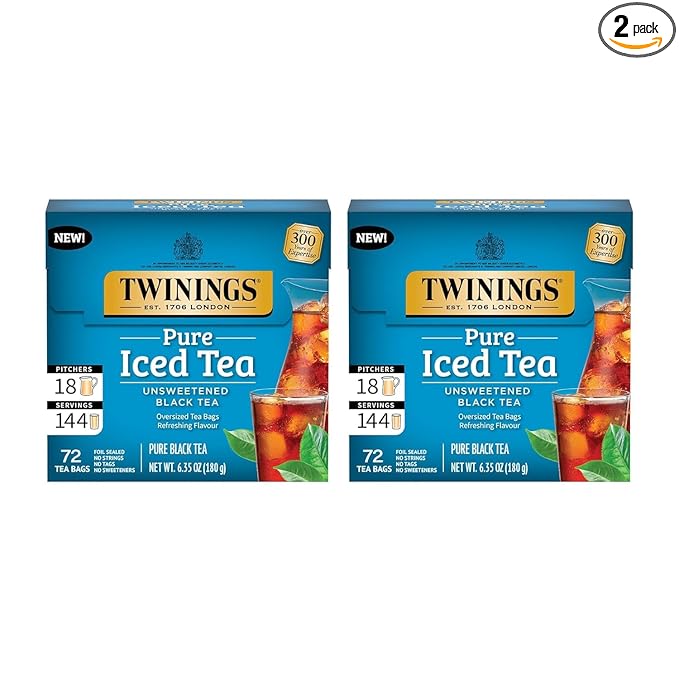 Twinings Black Iced Tea, 72 Oversized Tea Bags, Makes 18 Pitchers or 144 Servings, Unsweetened, Caffeinated, 72 Count (Pack of 2)