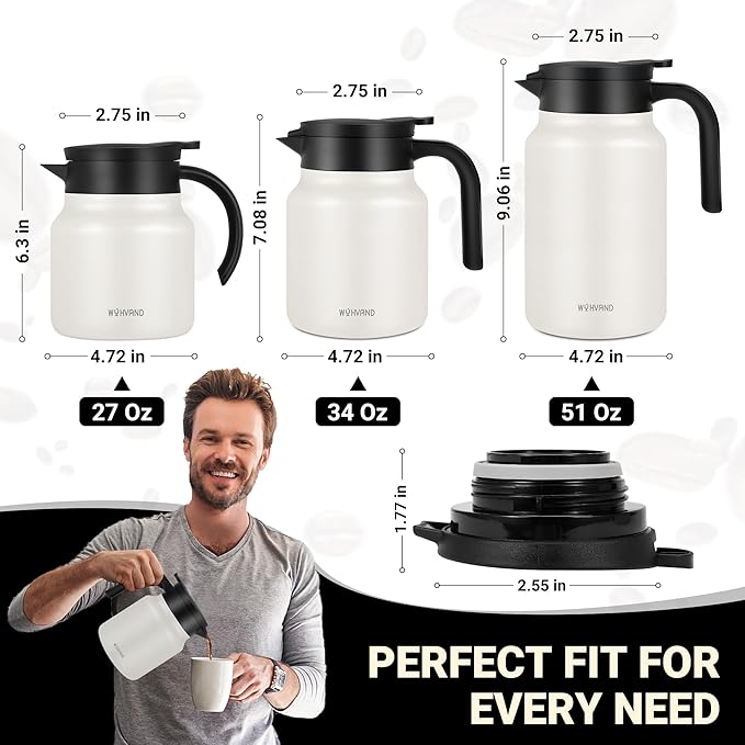 51Oz Thermal Coffee Carafes For Keeping Hot/Cold, Stainless Steel Coffee Carafe, Dustproof Insulated Water Carafe for Party/Home, Cream