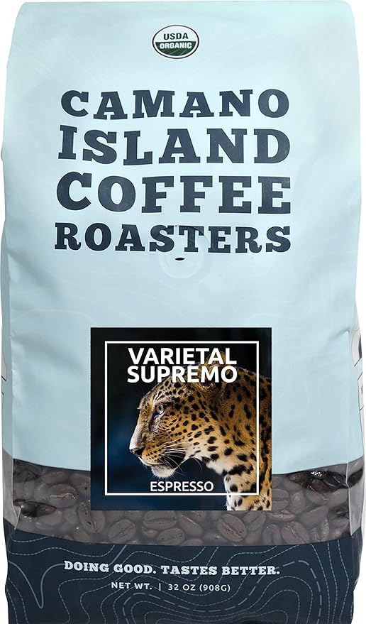 Camano Island Coffee Roasters Varietal Supremo Espresso Blend, Ground 2lb, Fresh Dark Roast, USDA Organic, Fairly Traded, Shade Grown Arabica, Chocolate, Caramel, Hint of Spice Flavor Profile