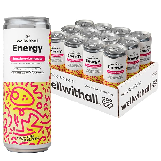 WellWithAll Strawberry Lemonade Energy Drink – Caffeine from Tea – With Vitamin C – Lightly Sparkling Beverage – Fruit & Veggie Juice Blend – 12 Oz (Pack of 12)