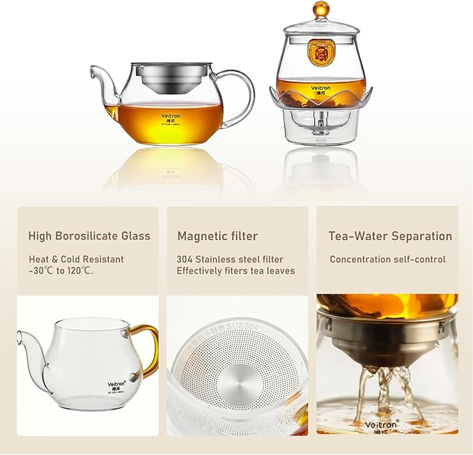 Easy to Soak Tea Pot, Total 560ml (18.94 oz) Glass Teapot with Base, Tea and Water Separation Magic Teapot for Stovetop, Home, Office or Solo Tea Drinking