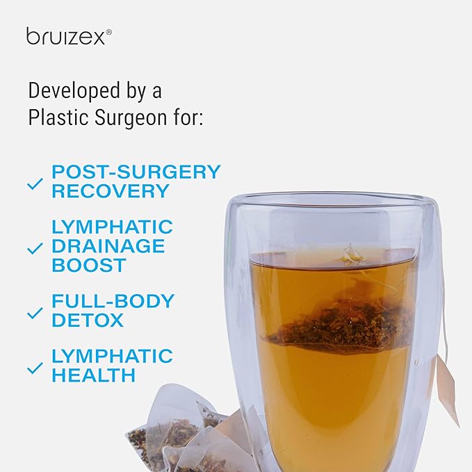 Bruizex Arnica Tea for Bruising and Swelling, Post Surgery Recovery after Liposuction, Tummy Tuck, 360 Lipo, BBL I Blend For Lymphatic Drainage Massage & Fibrosis with Ginger I 30 arnica tea bags