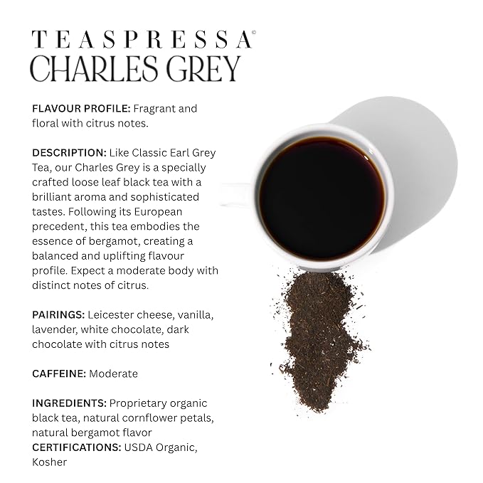 Teaspressa Organic Earl Grey Tea - Brews Like Espresso - Bold, Rich, Full-Bodied - Make Tea Lattes At Home - Naturally Caffeinated - Vegan & Gluten-Free - Makes 30 Cups - Barista Quality - Great Gift Idea
