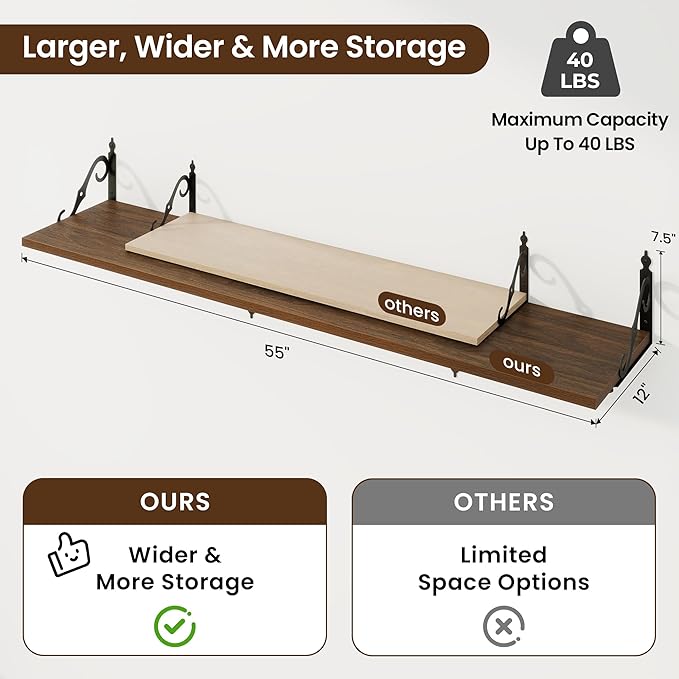RICHFOCUS 12 Inch Deep Floating Shelves for Wall, 55" W x 12" D Wood Wall Shelves Set of 2, Wide Floating Shelves for Living Room, Bedroom, Kitchen, Bathroom and Decor Storage, Walnut