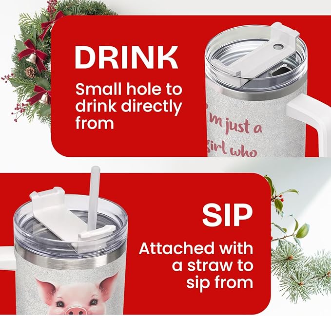 34HD Just A Girl Who Loves Pigs Tumbler with Handle and Straw, 40oz Vacuum Insulated Pig Cup, Pigs Gifts for Women Birthday Mothers Day Christmas, Farm Animal Gifts, Pink Pig Gift Ideas
