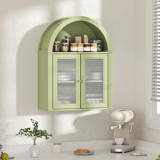 Bathroom Wall Cabinet, Arched Cabinet Wall Mount, 2 Acrylic Doors, 1 Adjustable and Removable Shelf, for Laundry Room, Living Room, Restroom, Kitchen, Green