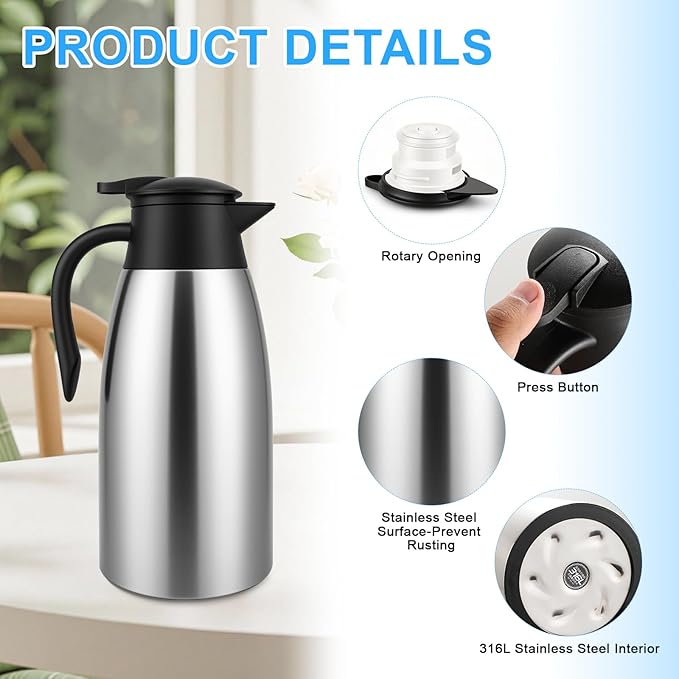 4 PCS 68 Oz Thermal Coffee Carafe with 4 PCS Brushes, 316L Stainless Steel Double Walled Vacuum Insulated Coffee Carafes for Keeping Hot 12 Hours, Cold 24 Hours, Carafe for Hot Liquids, Beverages