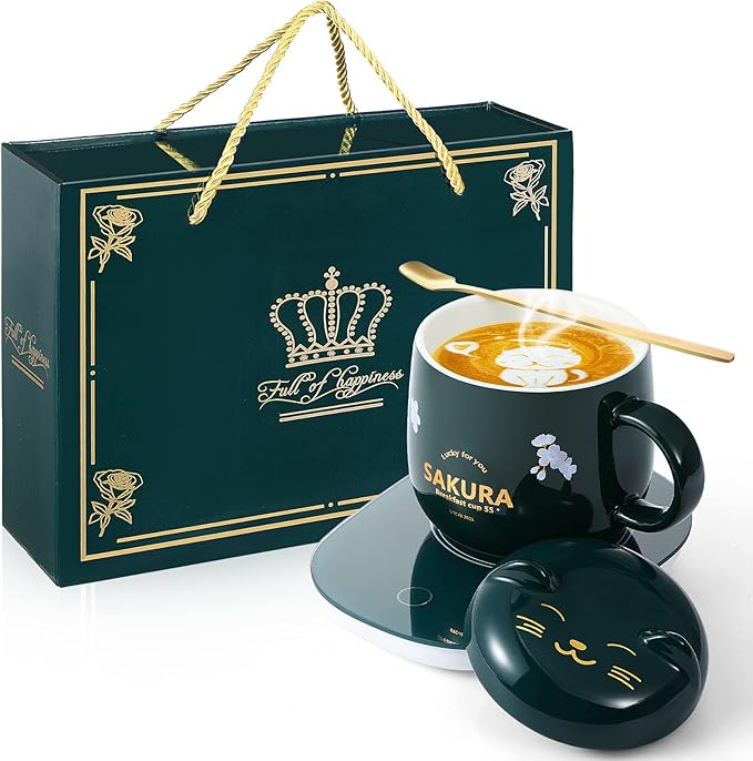 Honeydak Coffee Mug Warmer Cute Cat Mug Set Cup Warmer for Desk for Women Heated Coffee Warmer for Mom Home Office Christmas Birthday Gifts(Green)