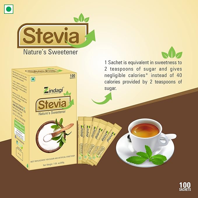 Zindagi Stevia Packets | Natural Sugar Substitute & Zero Calorie Sweetener | Stevia Sugar Free Sticks | 100 Count, 2g each (7.05 oz)