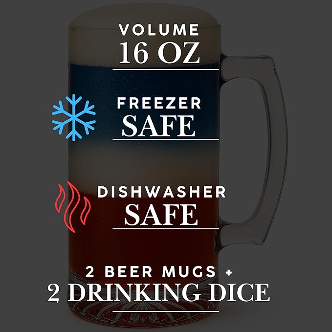 4 Piece Set Large Glass Beer Mugs Freezer Safe, 2 Pack Heavy Beer Steins with Handle, 16 oz (2 Drinking Dice + 2 Beer Mugs Set)