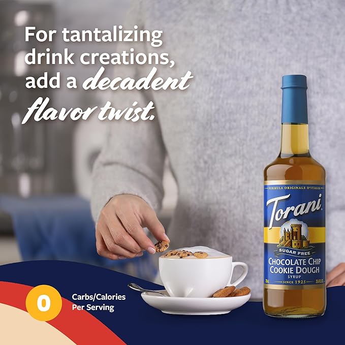 Torani Sugar Free Coffee Syrup, Chocolate Chip Cookie Dough Flavoring for Drinks, Zero Calorie, Glass Bottle with Pump Included, 25.4 Fl Oz