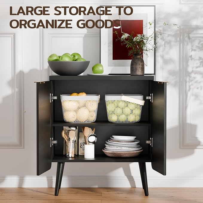 Sideboard Buffet Cabinet with Storage, Modern Fluted Accent Credenza with 2 Doors, Buffet Table Media Console Cabinet Entryway Cabinets for Living Room Kitchen Dining Room Hallway, Black