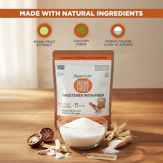 Super Life Monk Fruit Sweetener with Fiber – Low-Glycemic Index, Erythritol-Free Sugar Alternative for Baking, Beverages & Caramelizing | Non-GMO, Low-Calorie, Keto Diet Friendly – 7oz / 200g (8-Pack)