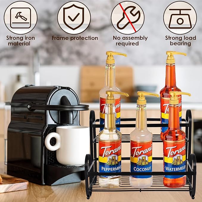 6-Bottle 2-Tier Coffee Syrup Rack Organizer,Sturdy Metal Syrup Storage Shelf Holder Stand for Coffee Bar,Kitchen Countertop,Universal Wine Rack,Compact Durable Space-Saving Design