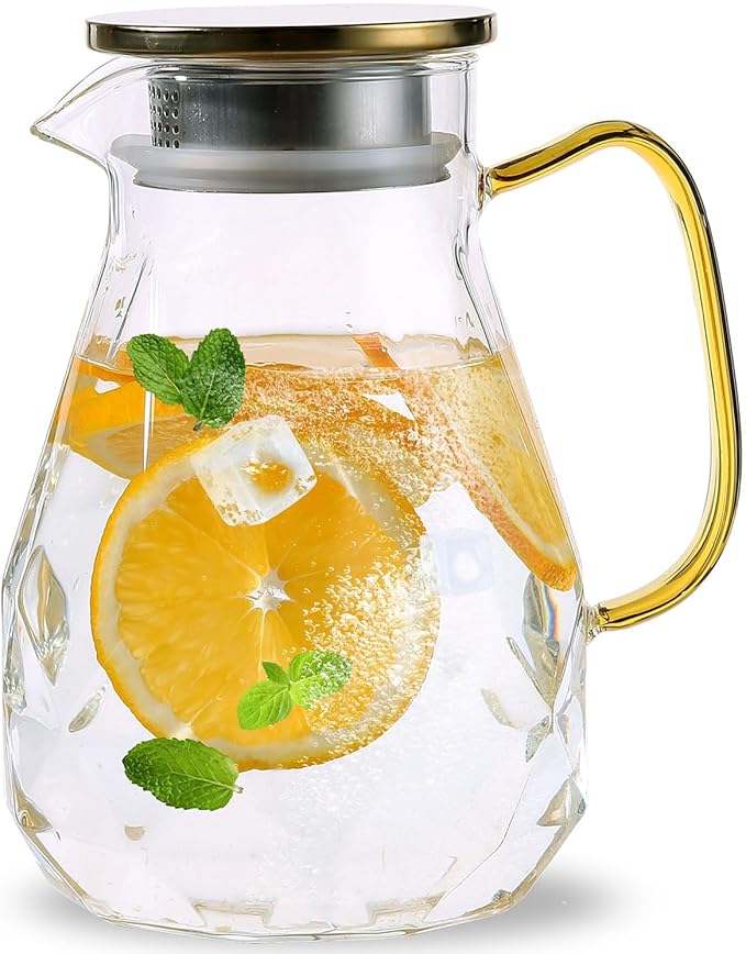 Heat Resistant Glass Pitcher With Lid And Spout, Glass Iced Tea Pitchers Beverage Pitchers For Fridge, Water Pitcher And Carafe 61oz/1800ml