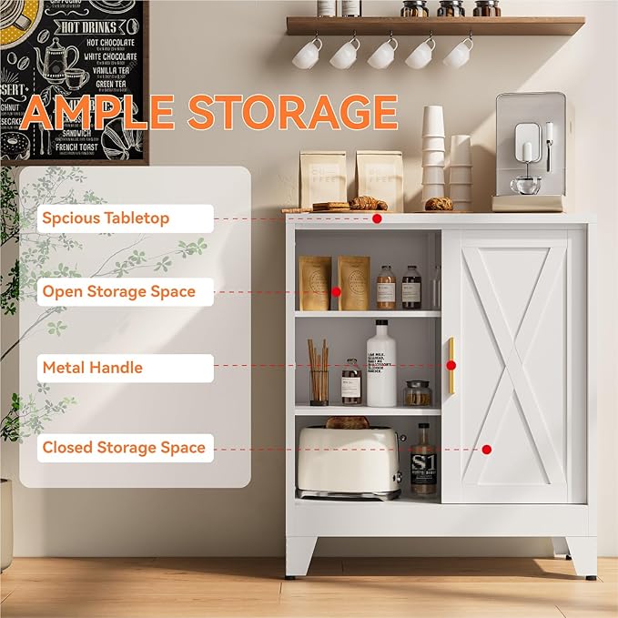 Farmhouse Coffee Bar Cabinet, Buffet Storage Cabinet, Sideboard with Sliding Barn Door and Adjustable Shelves for Kitchen, Dining Room, Bathroom
