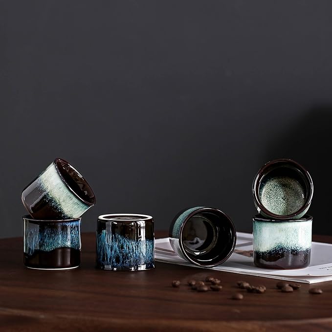 Japanese Tea Cups Set of 6 Ceramic Tea Cups, 2.5 Ounces Ceramic Cups, Matcha Cups (magic blue interior&exterior)
