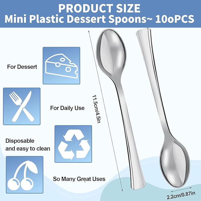 200 Pack Mini Plastic Spoons, 4.5 Inch Silver Plastic Spoons, Heavy Duty Disposable Appetizer Spoon, Mini Dessert Spoon for Coffee Desserts Cake Tasting Parties Weddings