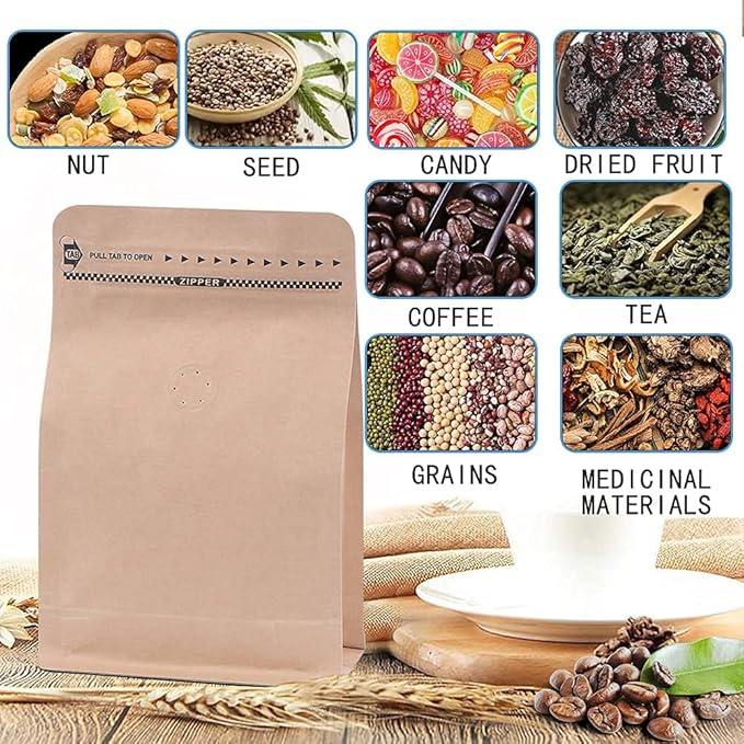 coffee bags with Valve High Barrier Aluminumed Foil Flat Bottom Standing Coffee Beans Storage Bags,Reusable Heat Sealable Side Zipper Pouches (16oz/50pcs, Kraft)