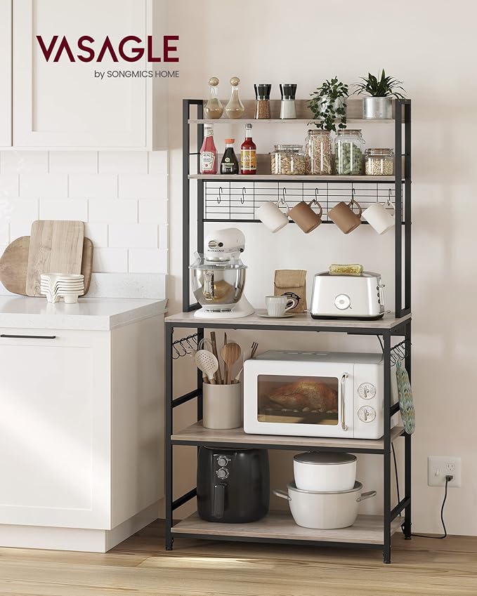 VASAGLE Bakers Rack with Power Outlet, Microwave Stand, Kitchen Tall Utility Storage Shelf, with Metal Wire Panel, 14 Hooks, 15.7 x 31.5 x 66.9 Inches, Heather Greige and Ink Black UKKS025B02