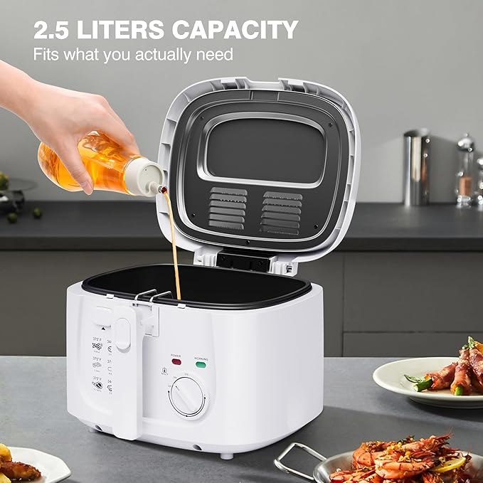 1500W Electric Deep Fryer with Adjustable Temperature Control, 2.5L Non-Stick Basket & Viewing Window, Folding Handle and Locking Cover for Easy Storage, White