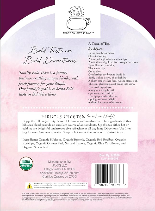 TBT - Totally Bold Tea - Organic Hibiscus Spice Tea - Caffeine-free - 30 pyramid whole leaf bags.