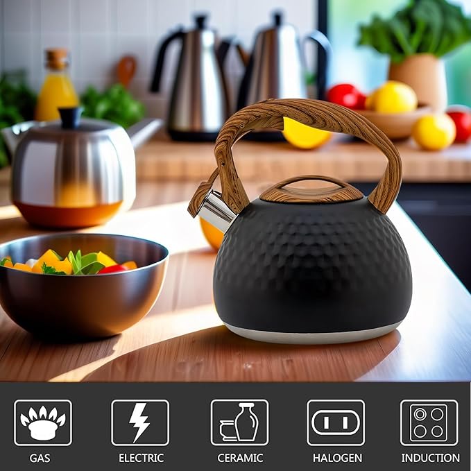 Vilihkc Tea Kettle,3 Quart / 2.8 Stainless Steel Tea Kettles, Food Grade Stovetops Tea pot with Wood Pattern Handle Loud Whistling for Tea, Coffee, Milk etc, Gas Electric Applicable