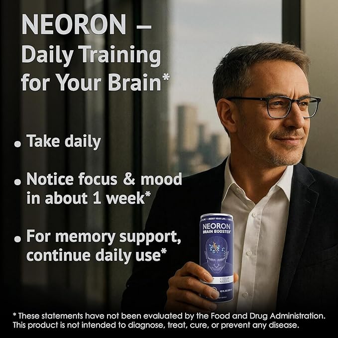 NEORON - Brain Defender, Focus & Memory Support, Sugar‐Free Nootropic Drink, Vegan (Pack of 12, Blueberry & Mint)