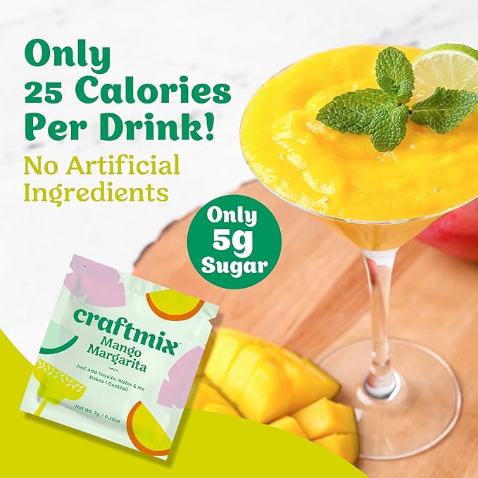 Craftmix Mango Margarita Cocktail & Mocktail Drink Mixer, Skinny Mixes - Water Flavoring Packets - Made With Real Fruit - Vegan, Low-Carb, Low-Sugar, Non-GMO, Dairy Free, Gluten Free, 24 Pack