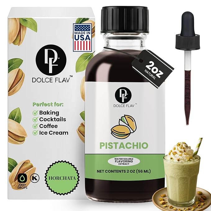 Dolce Flav Pistachio Extract – 2 Ounce Water-Soluble Kosher, Sugar-Free, Concentrated Nutty Pistachio Flavor for Baking, Ice Cream & Pastries, Includes Measured Dropper