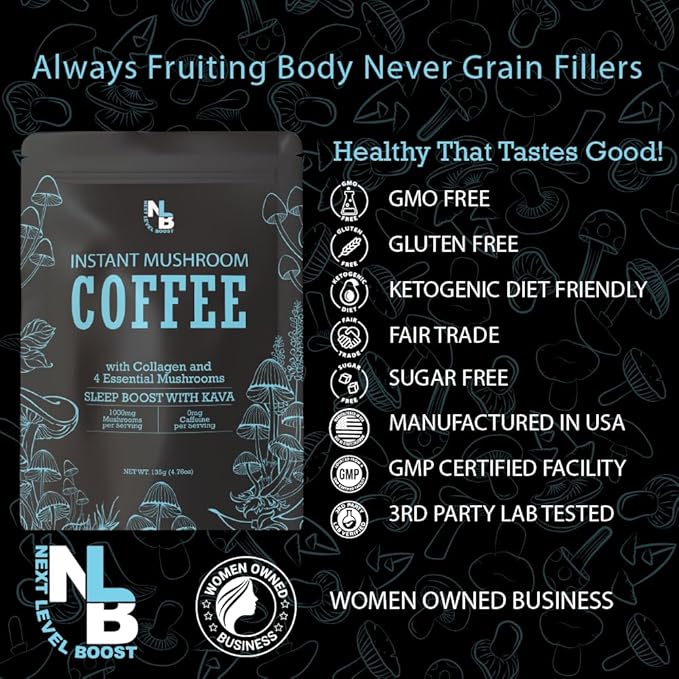 Sleep Boost with Kava Organic Mushroom Instant Coffee - 135g, 15 Servings Pouch - Healthy Coffee alternative and Substitute - With Collagen, Lions Mane and Antioxidants