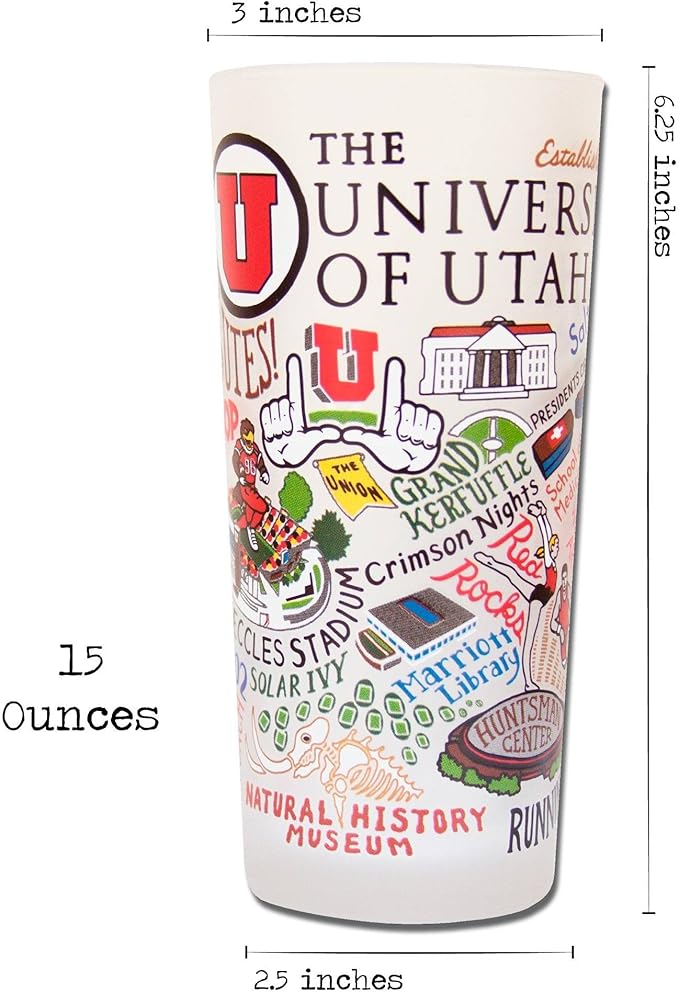 Catstudio Drinking Glass, University of Utah Glass Cup for Kitchen, 15oz Dishwasher Safe Tumbler for UU Alumni