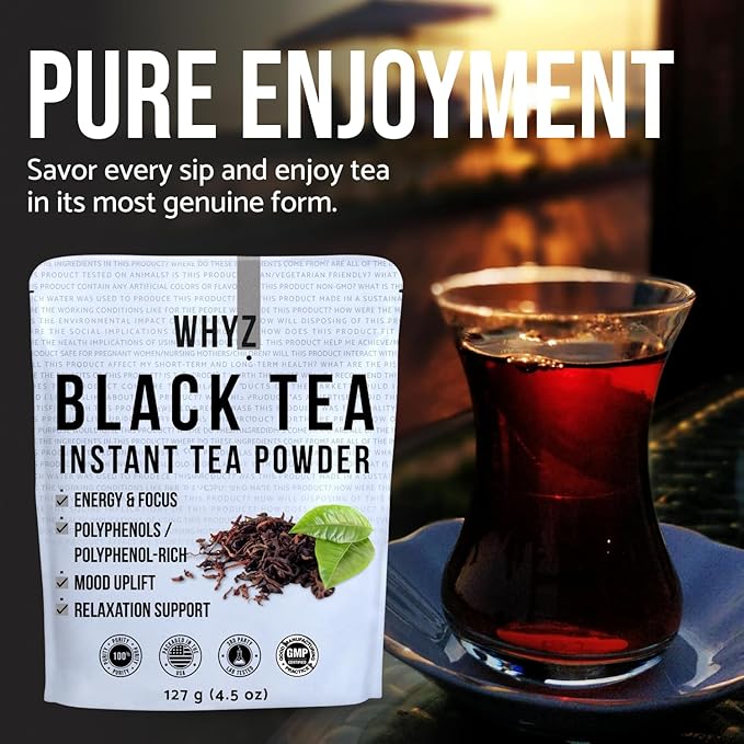 WHYZ Instant Black Tea Powder, 4.5 oz, Unsweetened Iced Tea Concentrate from Real Black Tea Leaves, Instant Powder for Hot & Cold Drinks, Powdered & Unsweet Tea 127 Servings