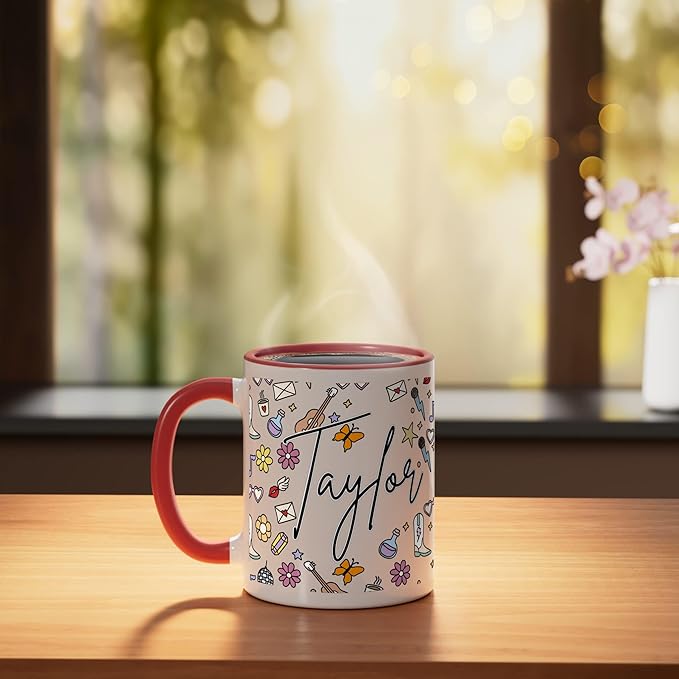 Girl Retro Taylor First Name Coffee Mug for Men Women Ceramic Mug, Red/White