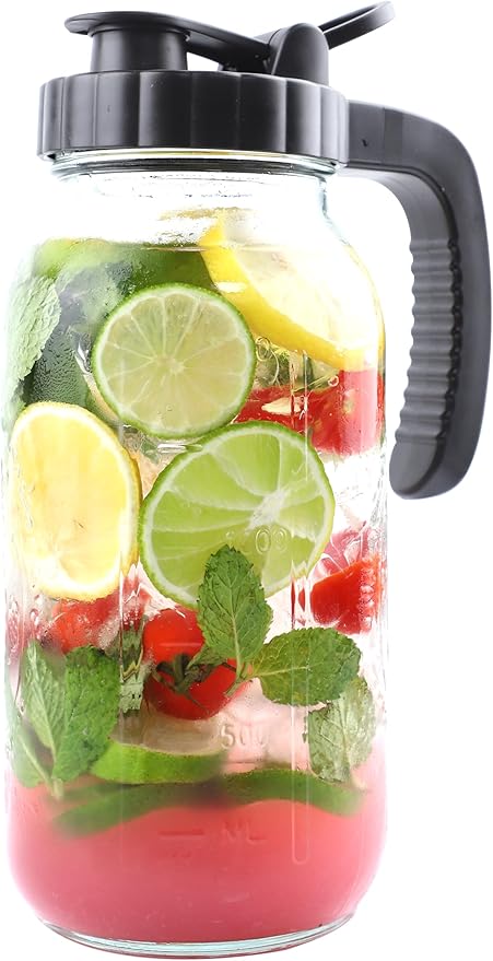 Mason Jar Pitcher 64 Oz With Spout Lid 2 Quart Glass Sun Tea Jar For Iced Hot Water Wide Mouth Half Gallon Pitcher For Fridge Store Breast Milk Cold Brew Beverage Tea Coffee Airtight Water Jug