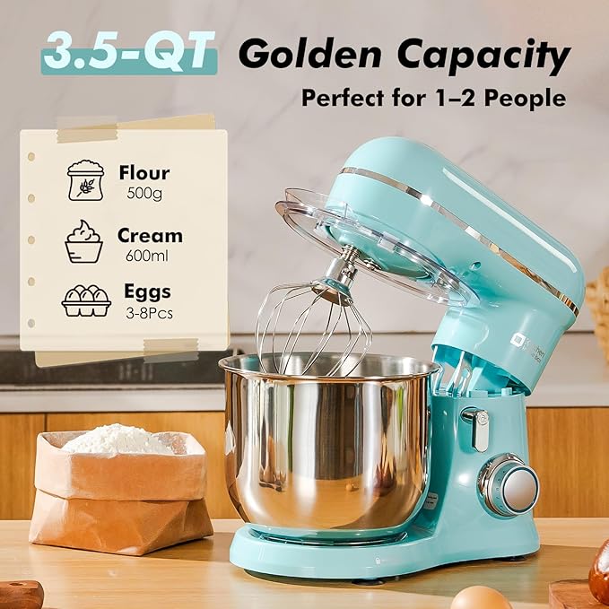 Kitchen in the Box Stand Mixer, 3.5 QT Small Kitchen Electric Stand Mixers, 10-Speed Portable Lightweight Dough Mixer for Daily Use with Egg Whisk, Dough Hook, Beater (Blue)