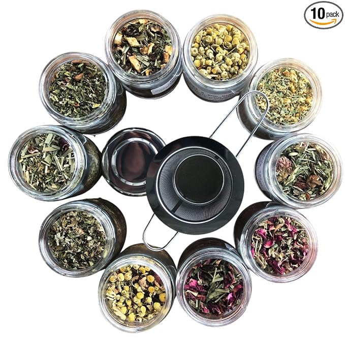 Smoke Camp Crafts Handcrafted Organic Loose Leaf Herbal Tea Gift Set with Stainless Steel Infuser, 10 Jars Caffeine Free Tisanes Variety Pack Assortment
