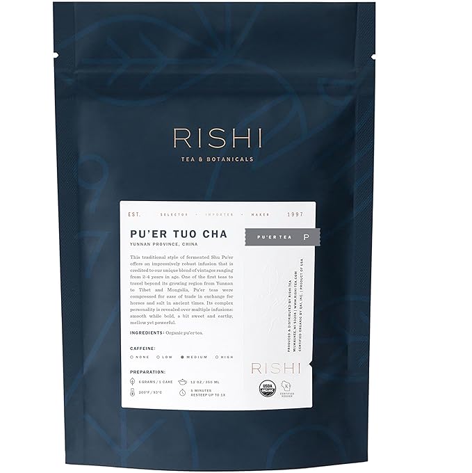 Rishi Tea Ancient Pu'er Tuo Cha Herbal Tea - Organic Direct Trade Loose Leaf, Medium Caffeine Aged Ripe Pu-erh - 16 Ounces, 60+ Servings